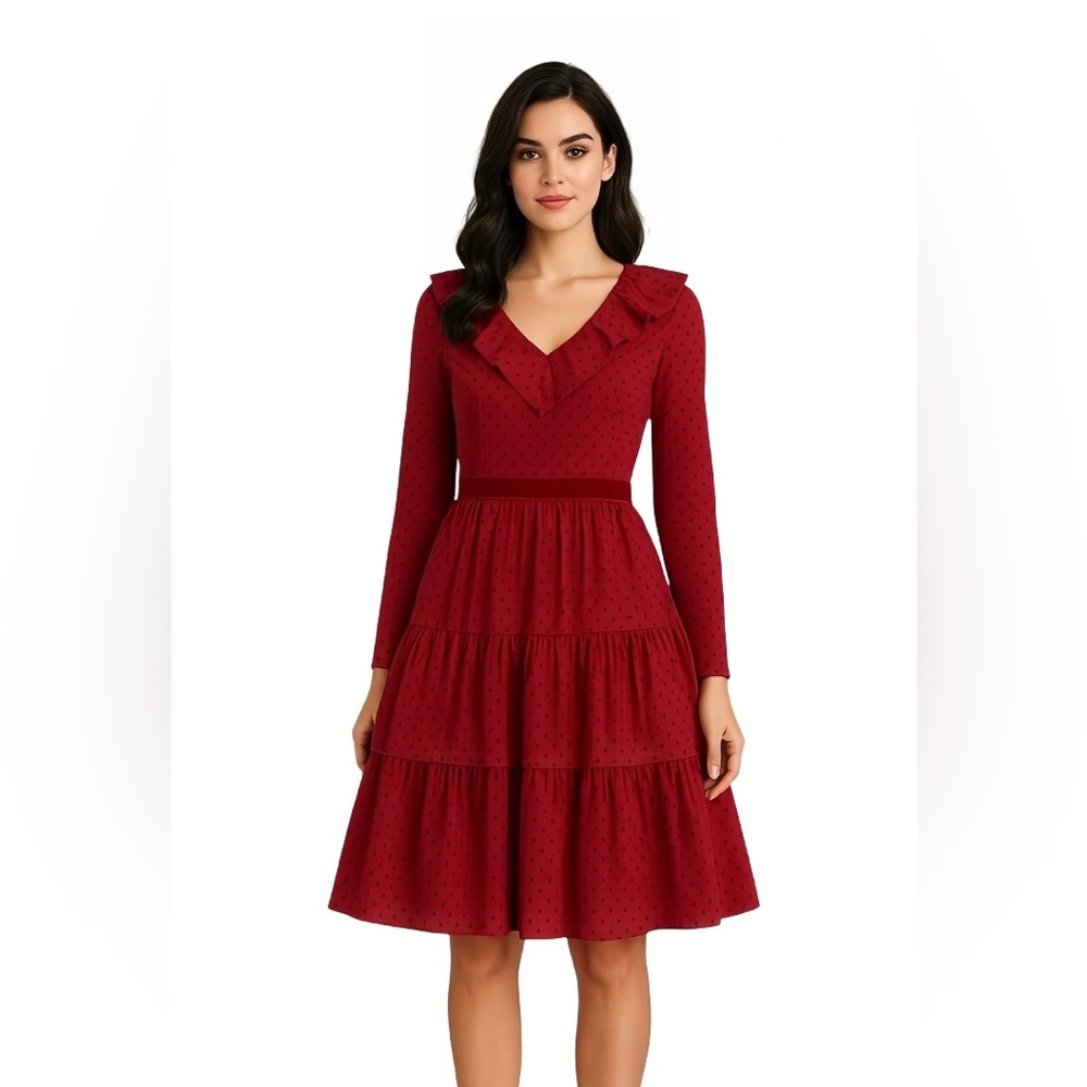 Rachel Parcell Red Dot Ruffled Tiered Midi Dress Holiday Party Dress Long Sleeve
